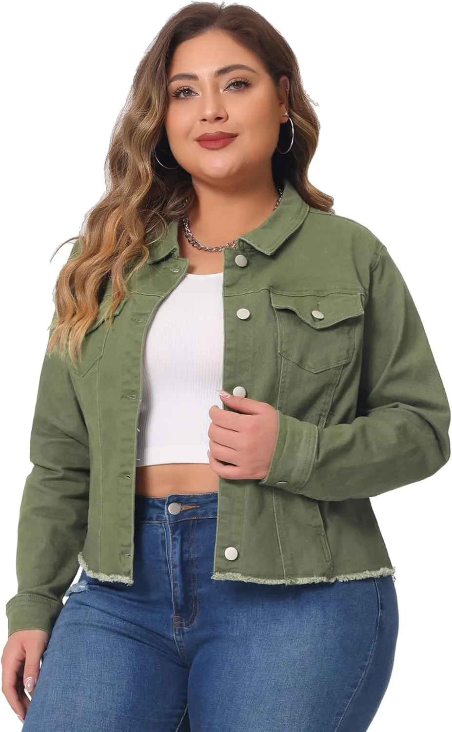 Agnes Orinda Women's Plus Size Classic Washed Front Frayed Denim Jacket