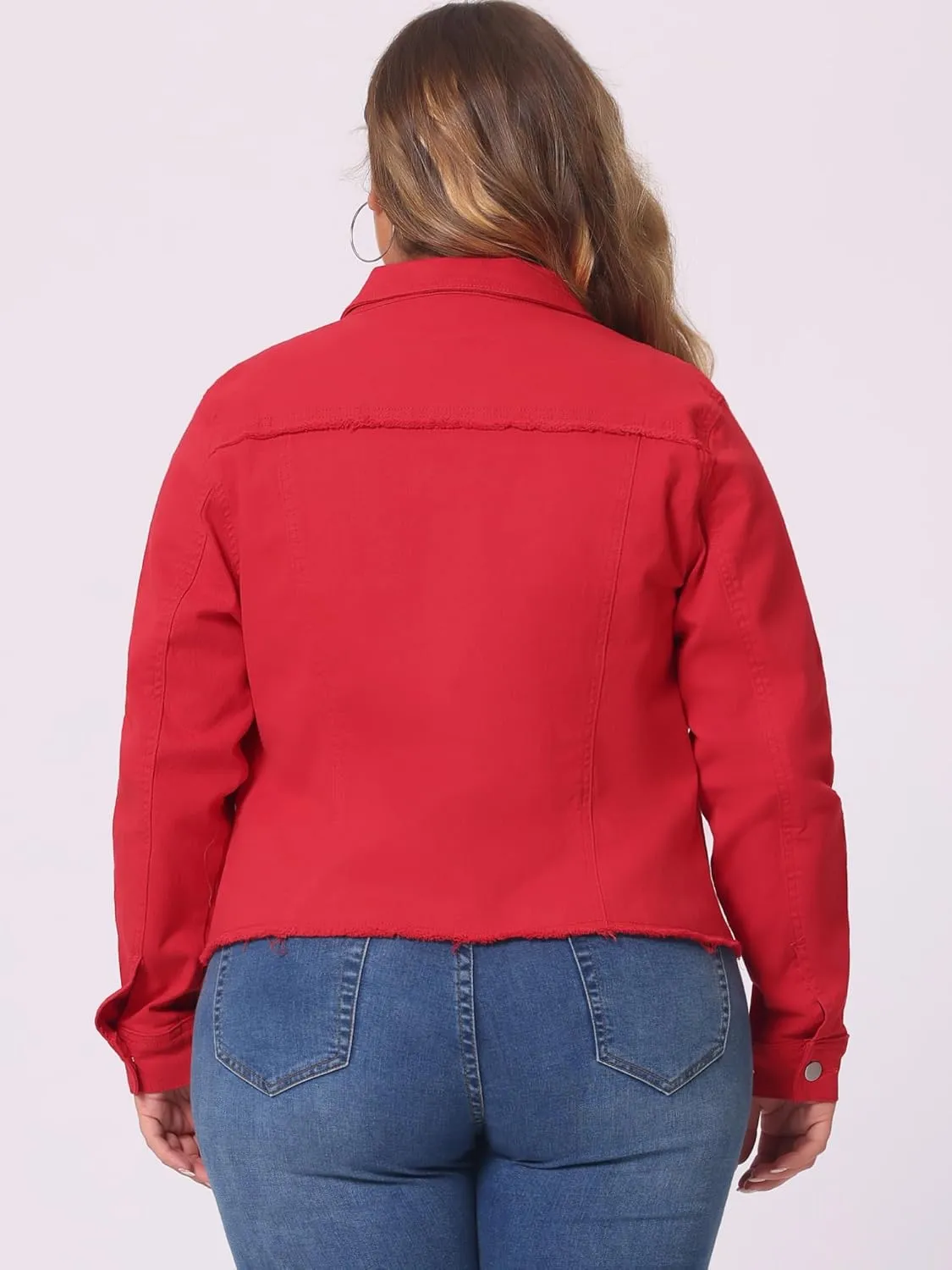 Agnes Orinda Women's Plus Size Classic Washed Front Frayed Denim Jacket