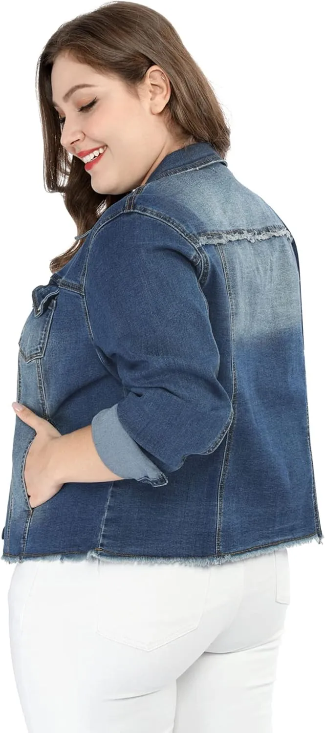 Agnes Orinda Women's Plus Size Classic Washed Front Frayed Denim Jacket