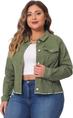 Agnes Orinda Women's Plus Size Classic Washed Front Frayed Denim Jacket