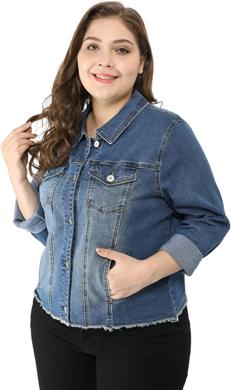 Agnes Orinda Women's Plus Size Classic Washed Front Frayed Denim Jacket