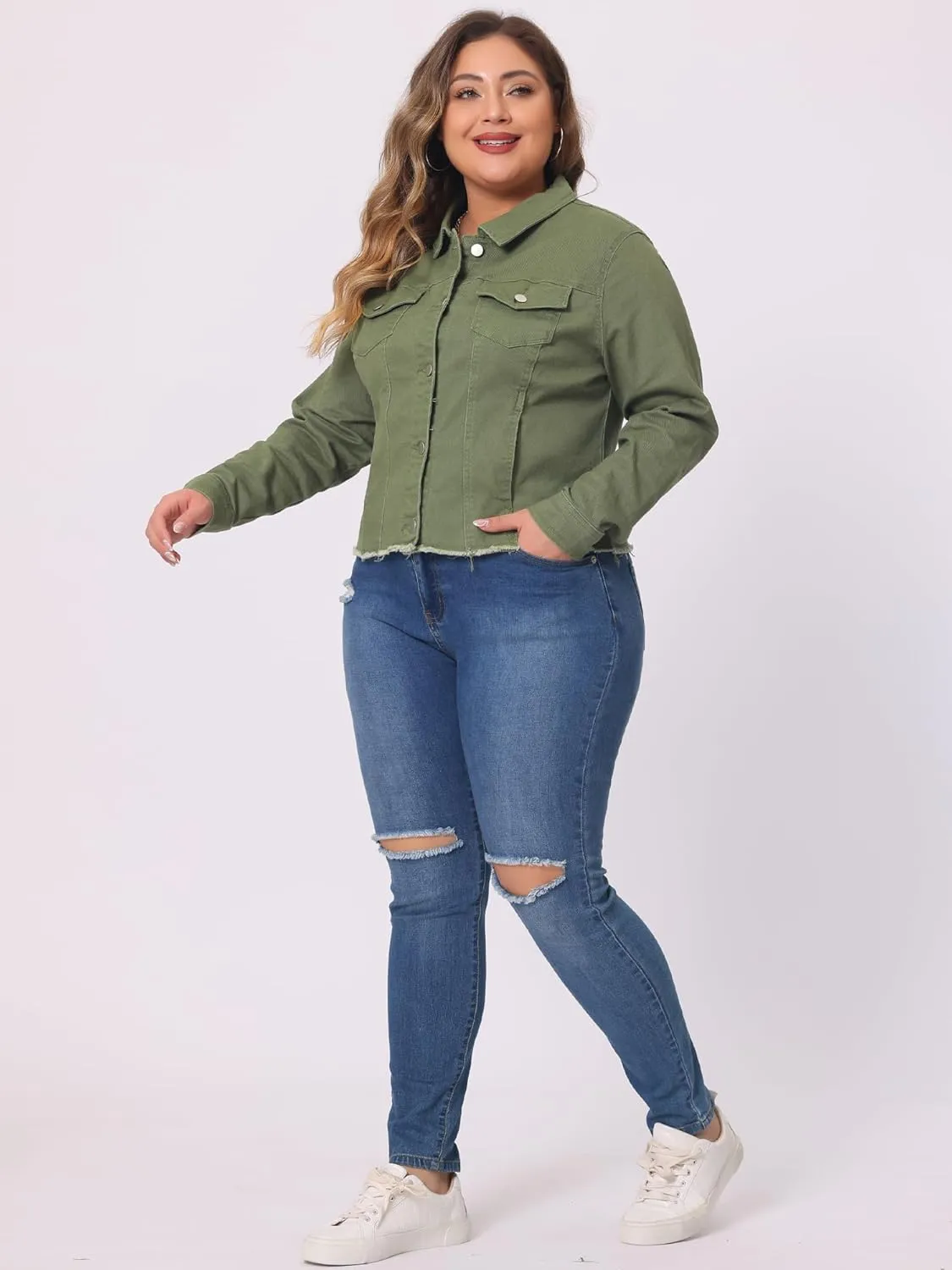 Agnes Orinda Women's Plus Size Classic Washed Front Frayed Denim Jacket