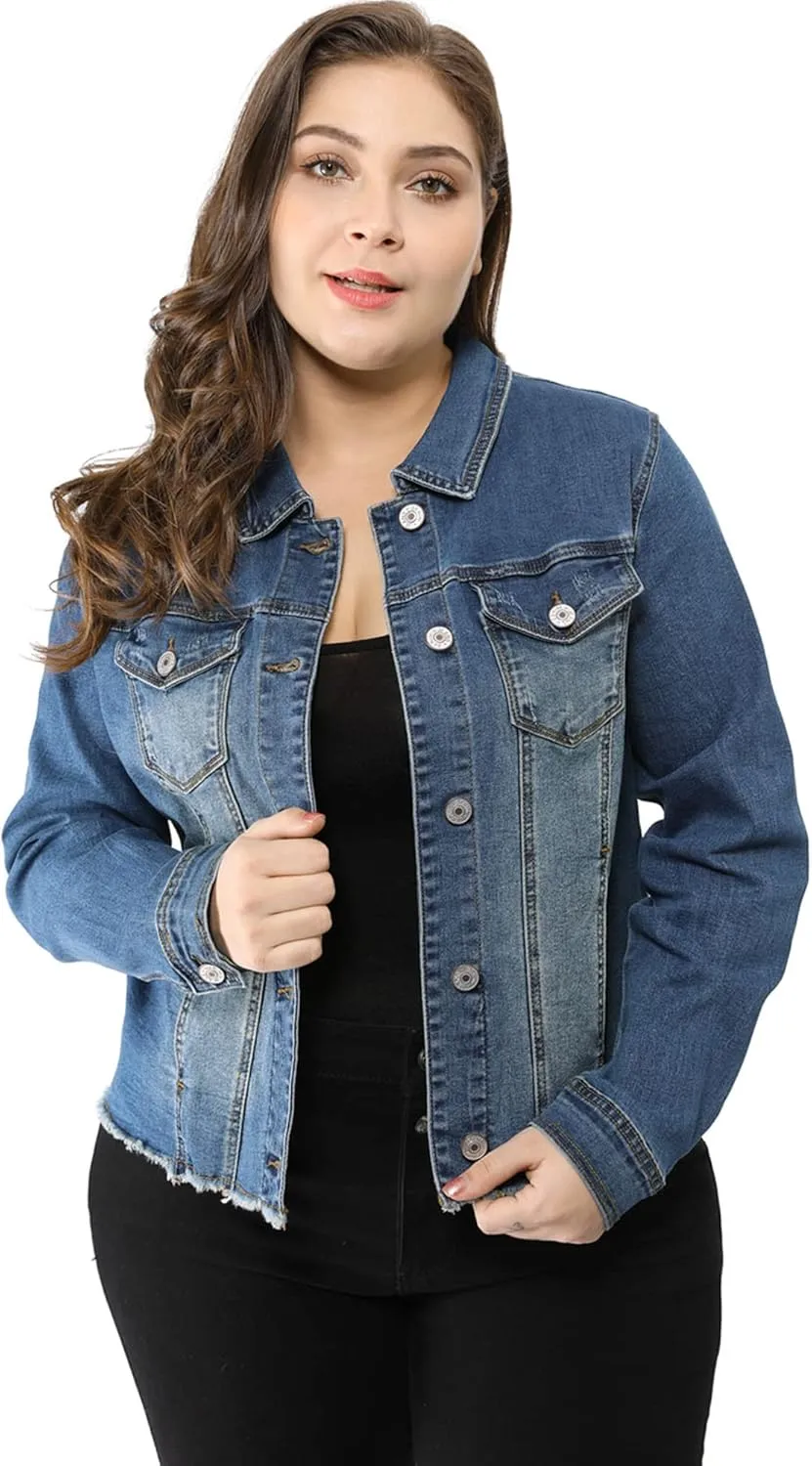 Agnes Orinda Women's Plus Size Classic Washed Front Frayed Denim Jacket
