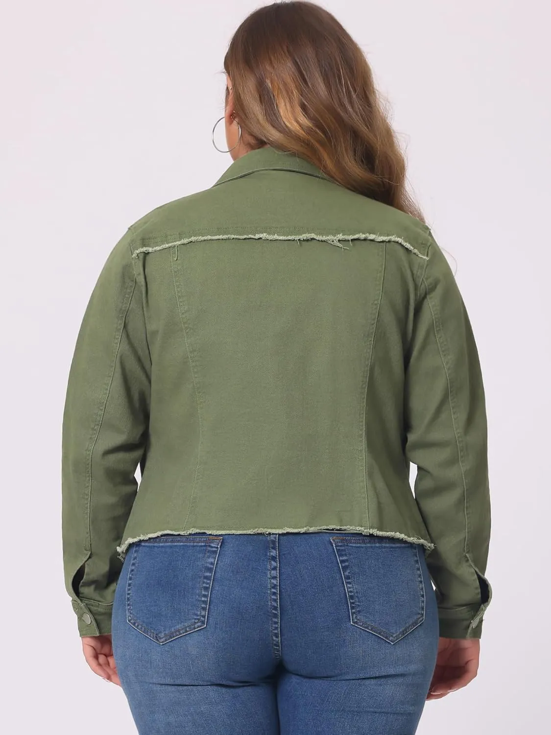 Agnes Orinda Women's Plus Size Classic Washed Front Frayed Denim Jacket