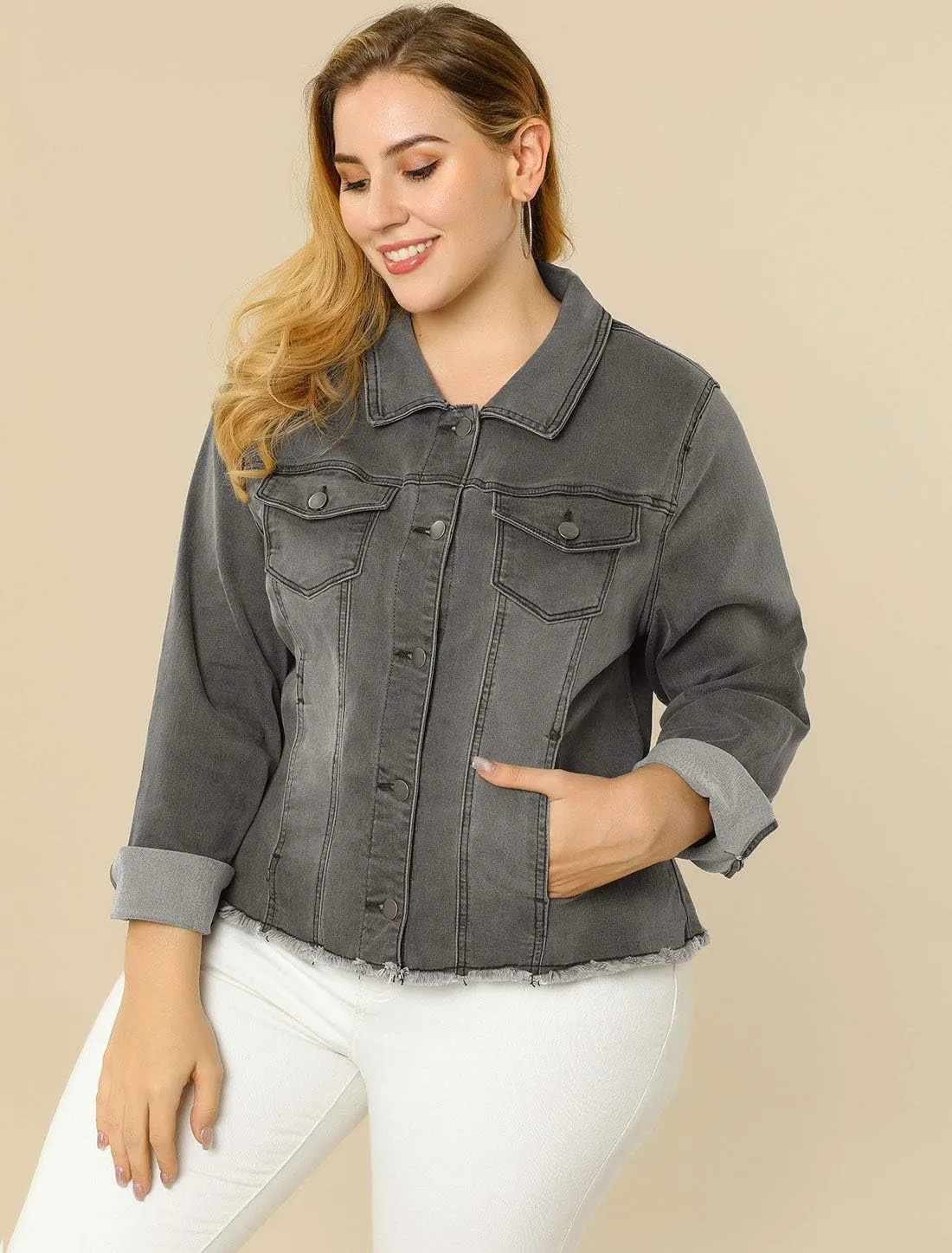 Agnes Orinda Women's Plus Size Classic Washed Front Frayed Denim Jacket