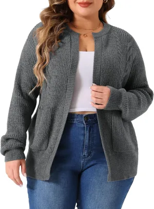 Agnes Orinda Women's Sweater Cardigans Plus Size Long Sleeve Crew Neck Classic Knit Cardigan Sweaters with Pockets