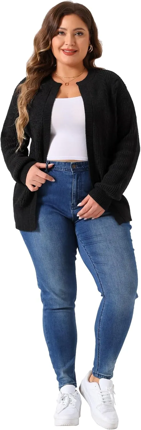 Agnes Orinda Women's Sweater Cardigans Plus Size Long Sleeve Crew Neck Classic Knit Cardigan Sweaters with Pockets