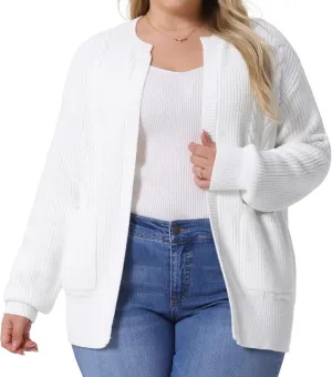 Agnes Orinda Women's Sweater Cardigans Plus Size Long Sleeve Crew Neck Classic Knit Cardigan Sweaters with Pockets