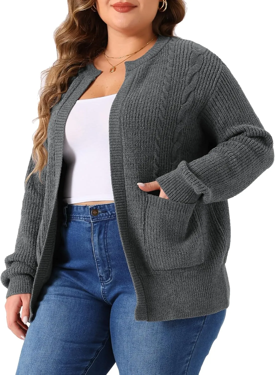 Agnes Orinda Women's Sweater Cardigans Plus Size Long Sleeve Crew Neck Classic Knit Cardigan Sweaters with Pockets