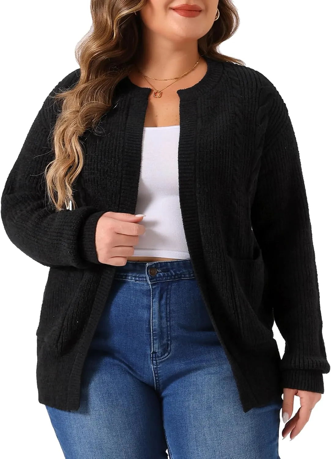 Agnes Orinda Women's Sweater Cardigans Plus Size Long Sleeve Crew Neck Classic Knit Cardigan Sweaters with Pockets