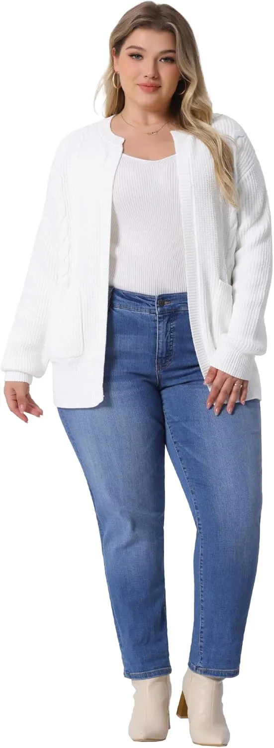 Agnes Orinda Women's Sweater Cardigans Plus Size Long Sleeve Crew Neck Classic Knit Cardigan Sweaters with Pockets