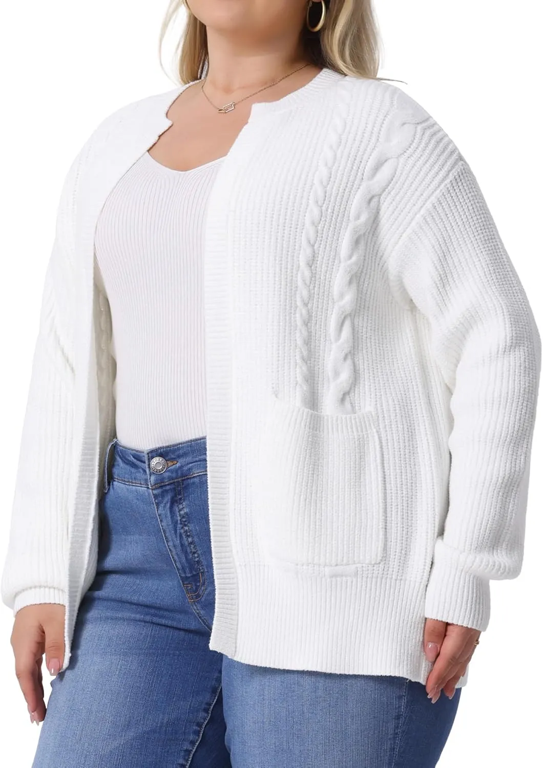 Agnes Orinda Women's Sweater Cardigans Plus Size Long Sleeve Crew Neck Classic Knit Cardigan Sweaters with Pockets