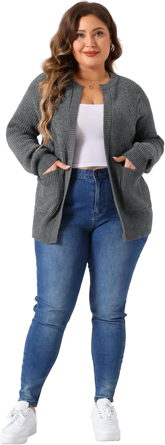 Agnes Orinda Women's Sweater Cardigans Plus Size Long Sleeve Crew Neck Classic Knit Cardigan Sweaters with Pockets