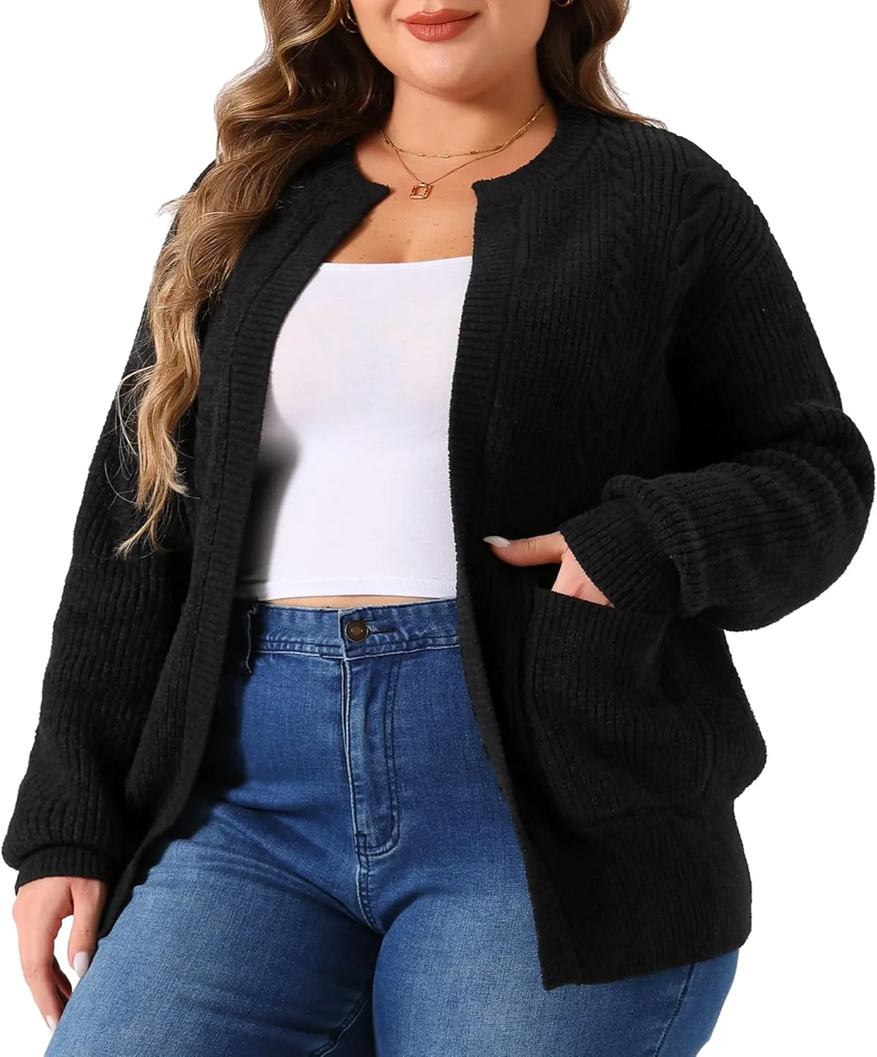 Agnes Orinda Women's Sweater Cardigans Plus Size Long Sleeve Crew Neck Classic Knit Cardigan Sweaters with Pockets
