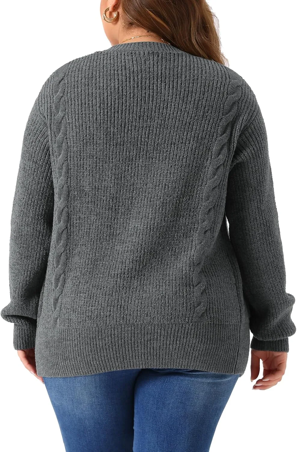 Agnes Orinda Women's Sweater Cardigans Plus Size Long Sleeve Crew Neck Classic Knit Cardigan Sweaters with Pockets