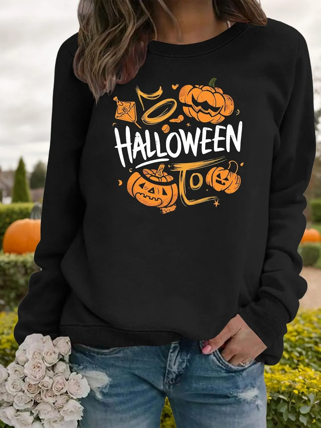 Akivide 2024 Novelty Halloween Graphic Printed Sweatshirt for Women,Oversized Casual Loose Long Sleeve Crewneck Pullover Tops