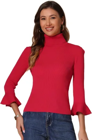 Allegra K Women's 3/4 Sleeve Turtleneck Sweaters Slim Fit Knitted Pullover Sweater Tops