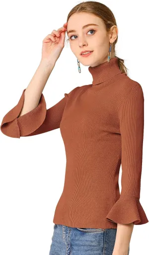 Allegra K Women's 3/4 Sleeve Turtleneck Sweaters Slim Fit Knitted Pullover Sweater Tops