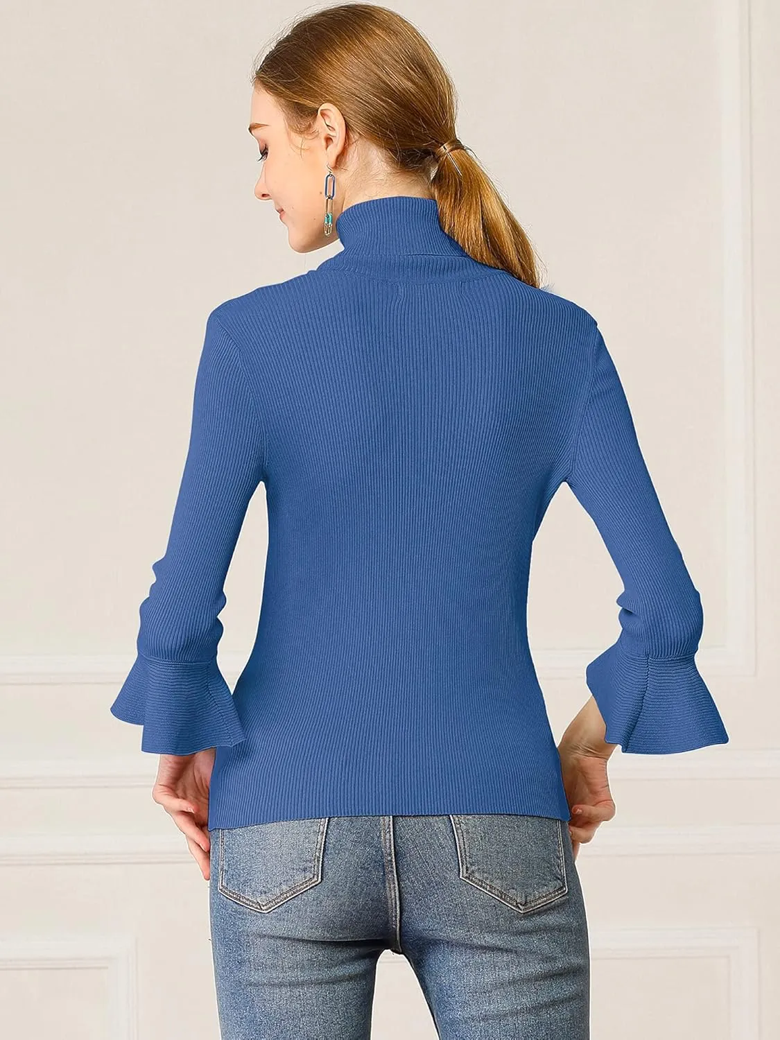 Allegra K Women's 3/4 Sleeve Turtleneck Sweaters Slim Fit Knitted Pullover Sweater Tops