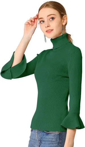 Allegra K Women's 3/4 Sleeve Turtleneck Sweaters Slim Fit Knitted Pullover Sweater Tops