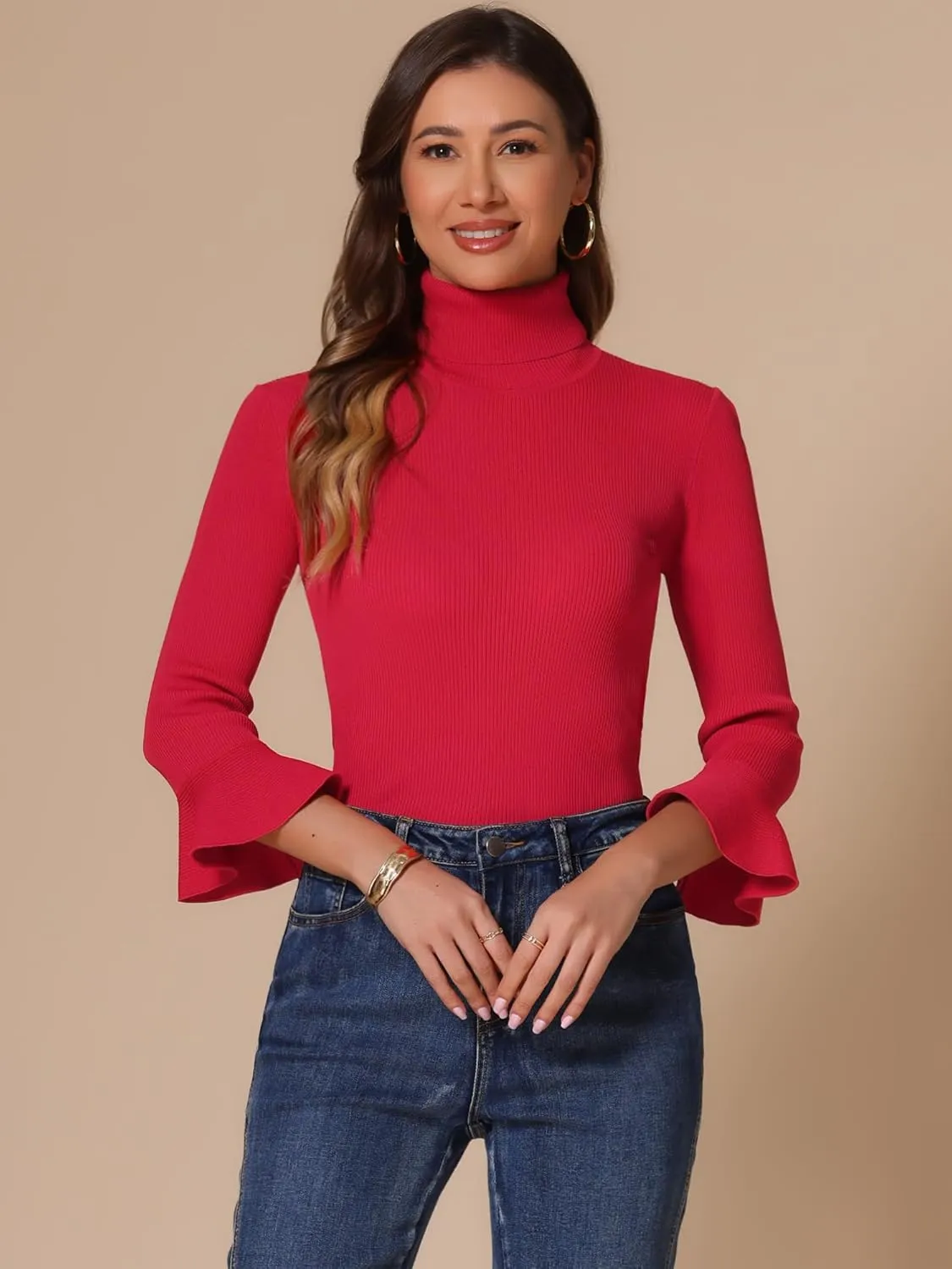 Allegra K Women's 3/4 Sleeve Turtleneck Sweaters Slim Fit Knitted Pullover Sweater Tops