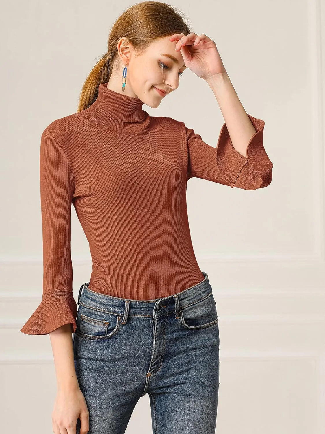 Allegra K Women's 3/4 Sleeve Turtleneck Sweaters Slim Fit Knitted Pullover Sweater Tops