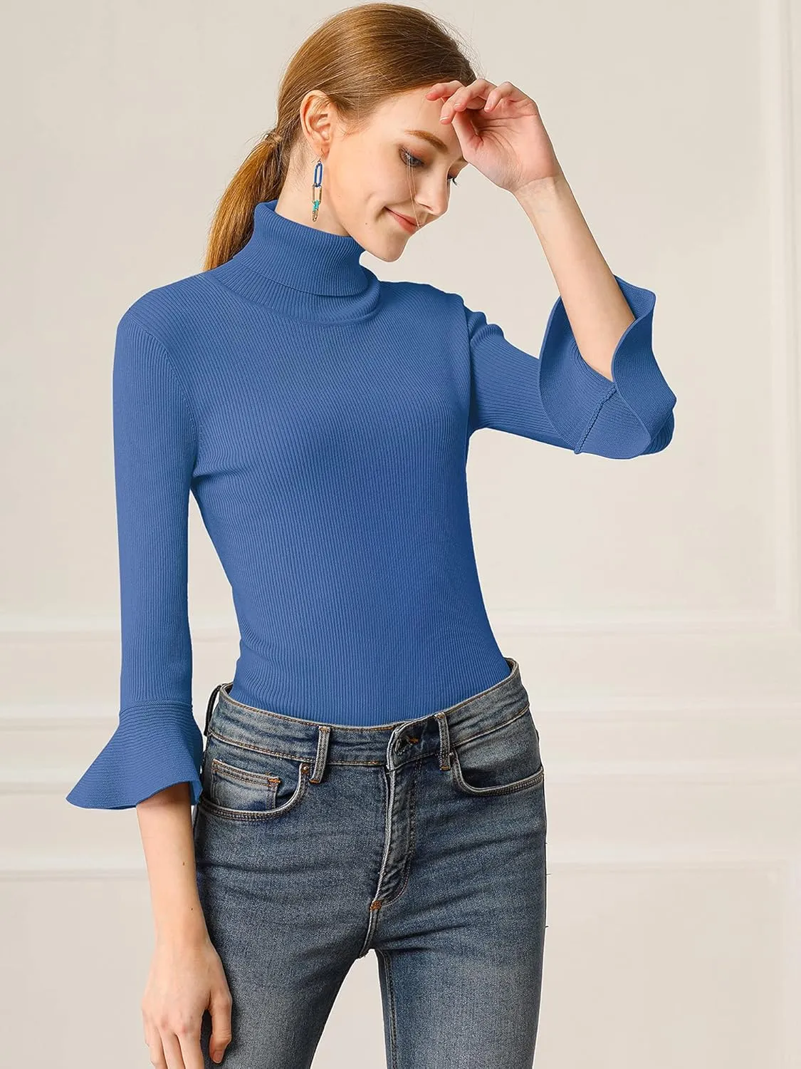 Allegra K Women's 3/4 Sleeve Turtleneck Sweaters Slim Fit Knitted Pullover Sweater Tops