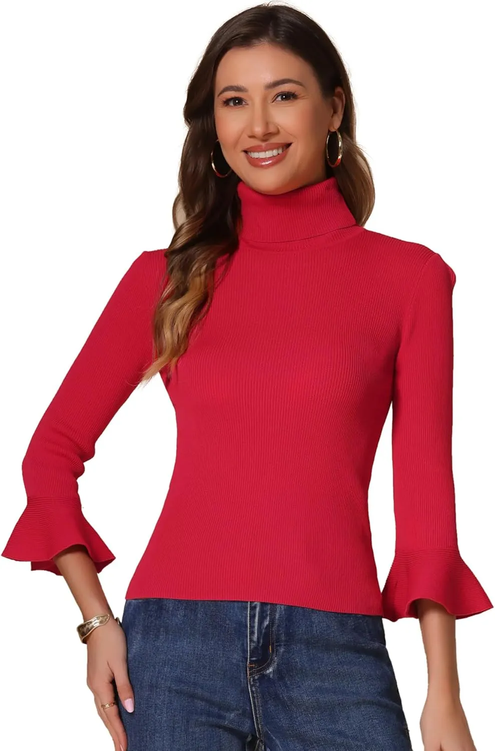 Allegra K Women's 3/4 Sleeve Turtleneck Sweaters Slim Fit Knitted Pullover Sweater Tops