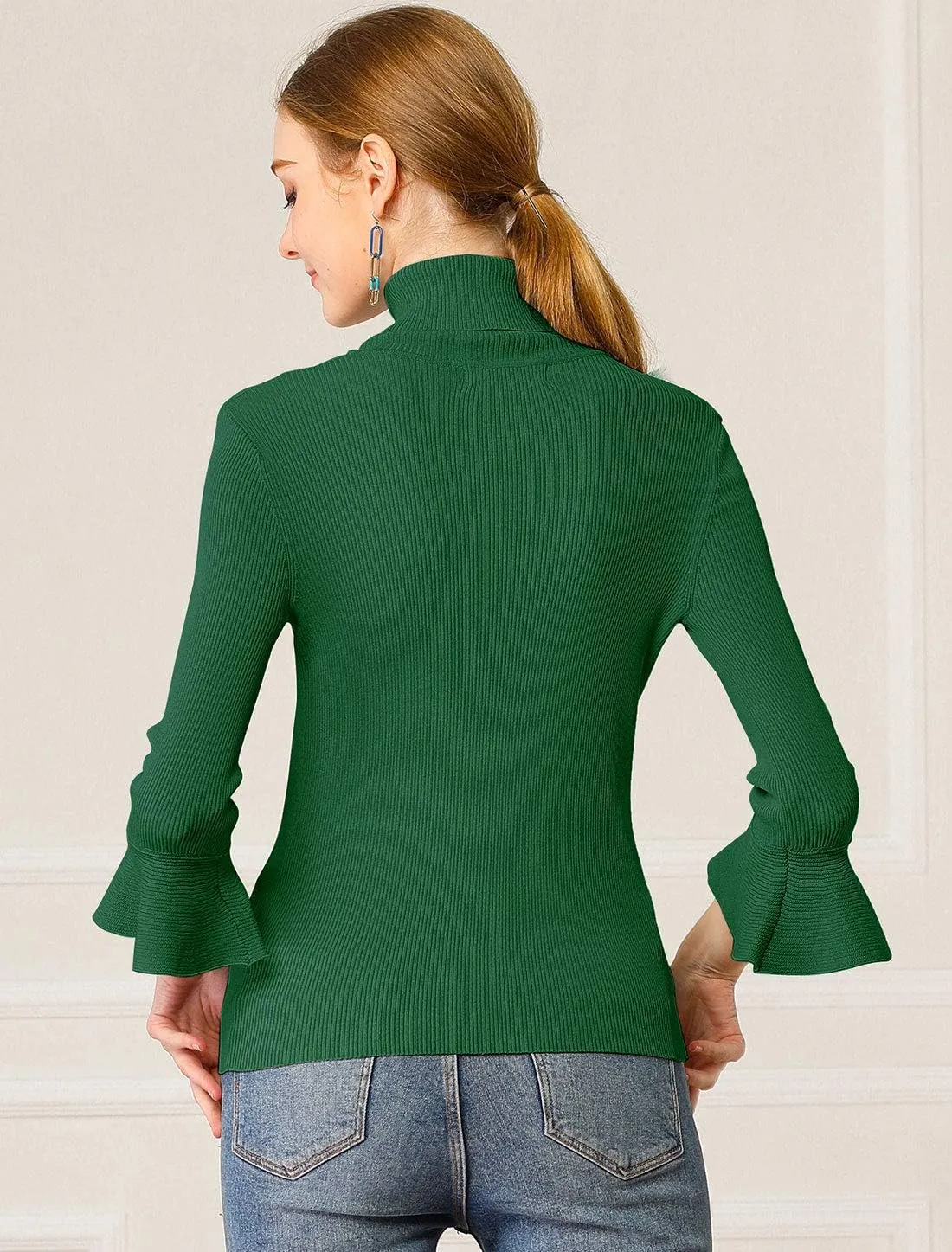 Allegra K Women's 3/4 Sleeve Turtleneck Sweaters Slim Fit Knitted Pullover Sweater Tops