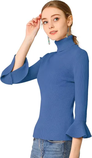 Allegra K Women's 3/4 Sleeve Turtleneck Sweaters Slim Fit Knitted Pullover Sweater Tops