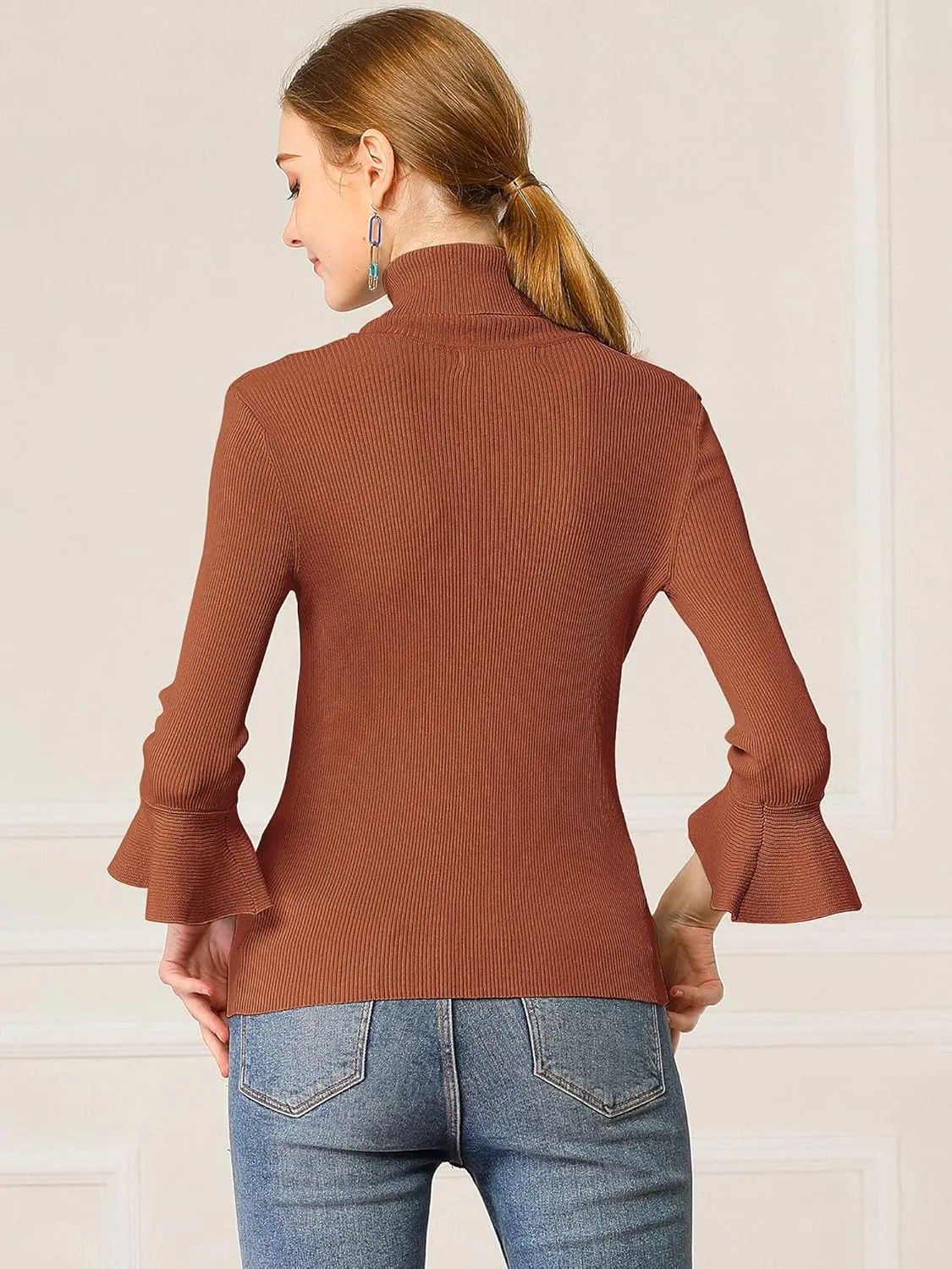 Allegra K Women's 3/4 Sleeve Turtleneck Sweaters Slim Fit Knitted Pullover Sweater Tops