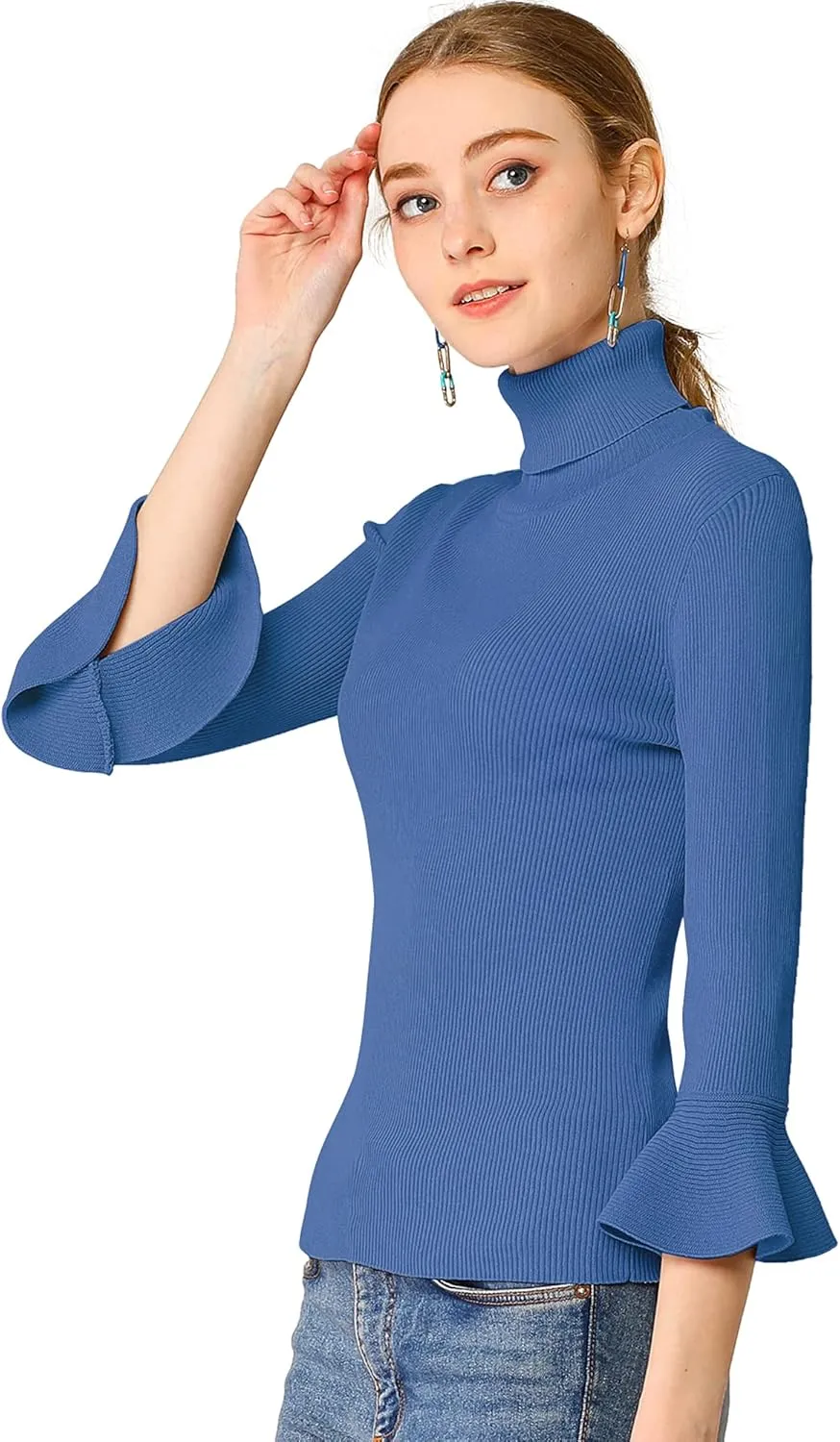 Allegra K Women's 3/4 Sleeve Turtleneck Sweaters Slim Fit Knitted Pullover Sweater Tops