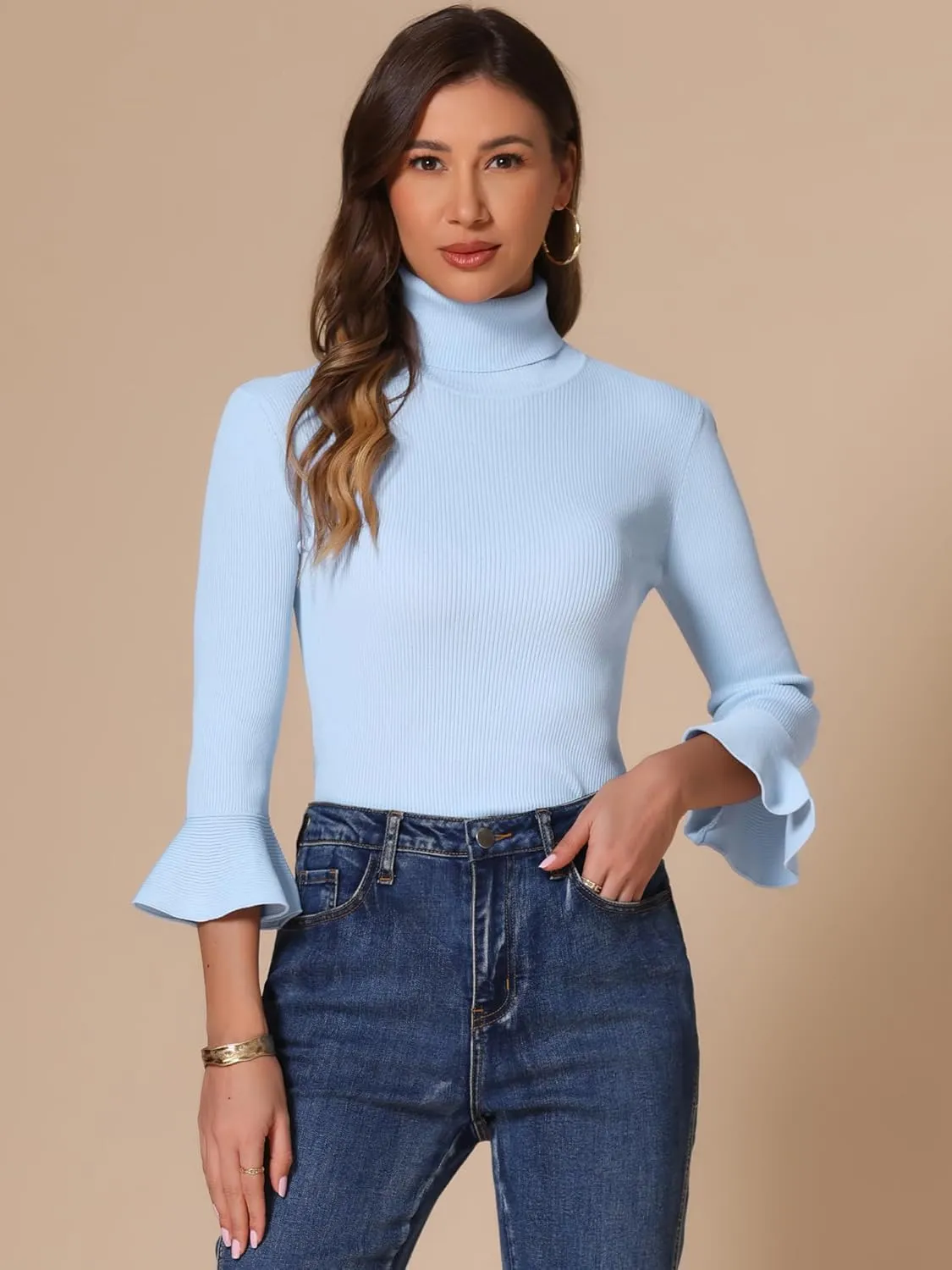 Allegra K Women's 3/4 Sleeve Turtleneck Sweaters Slim Fit Knitted Pullover Sweater Tops