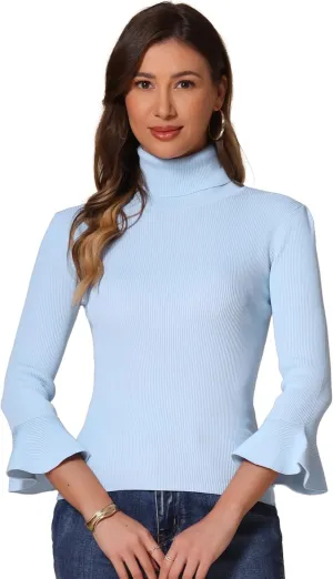 Allegra K Women's 3/4 Sleeve Turtleneck Sweaters Slim Fit Knitted Pullover Sweater Tops