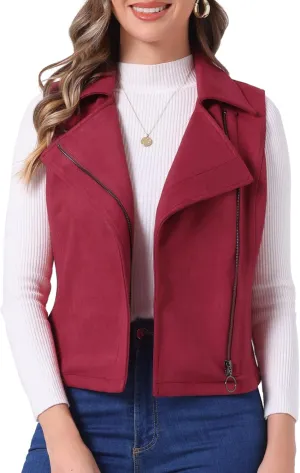Allegra K Women's Faux Suede Vest Casual Sleeveless Biker Jacket