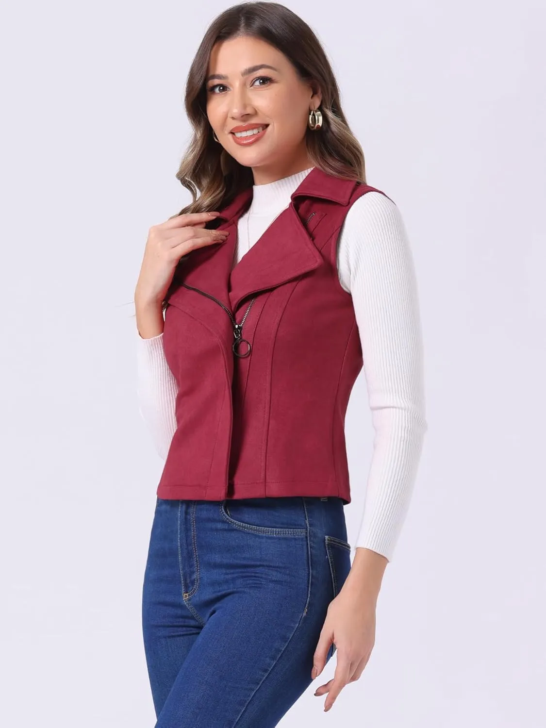 Allegra K Women's Faux Suede Vest Casual Sleeveless Biker Jacket