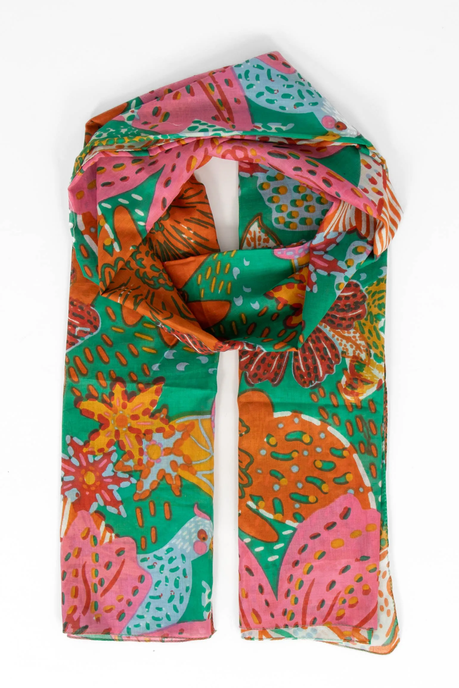 Amara Lightweight Cotton Scarf - Green, Floral Jungle Print