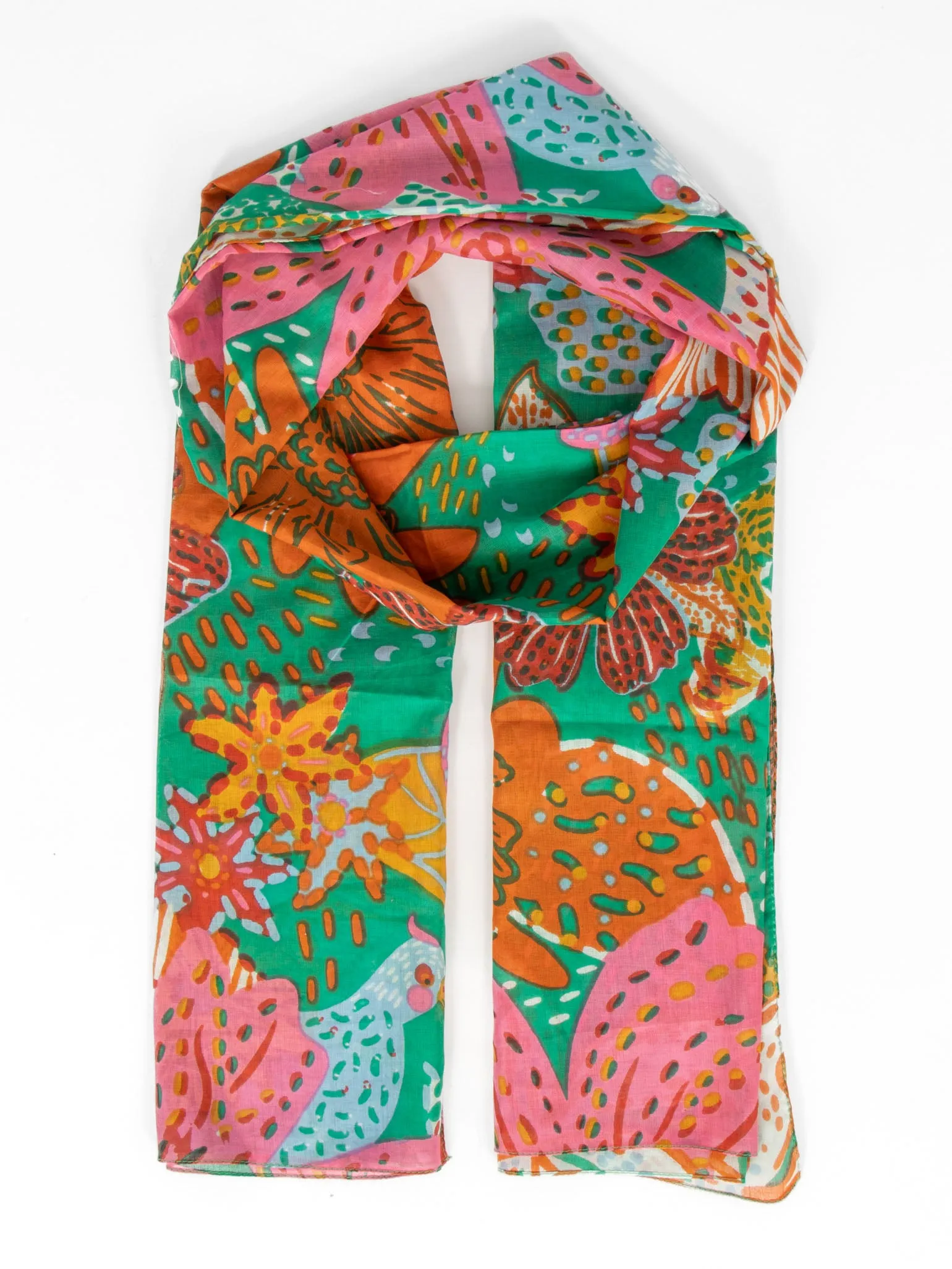 Amara Lightweight Cotton Scarf - Green, Floral Jungle Print