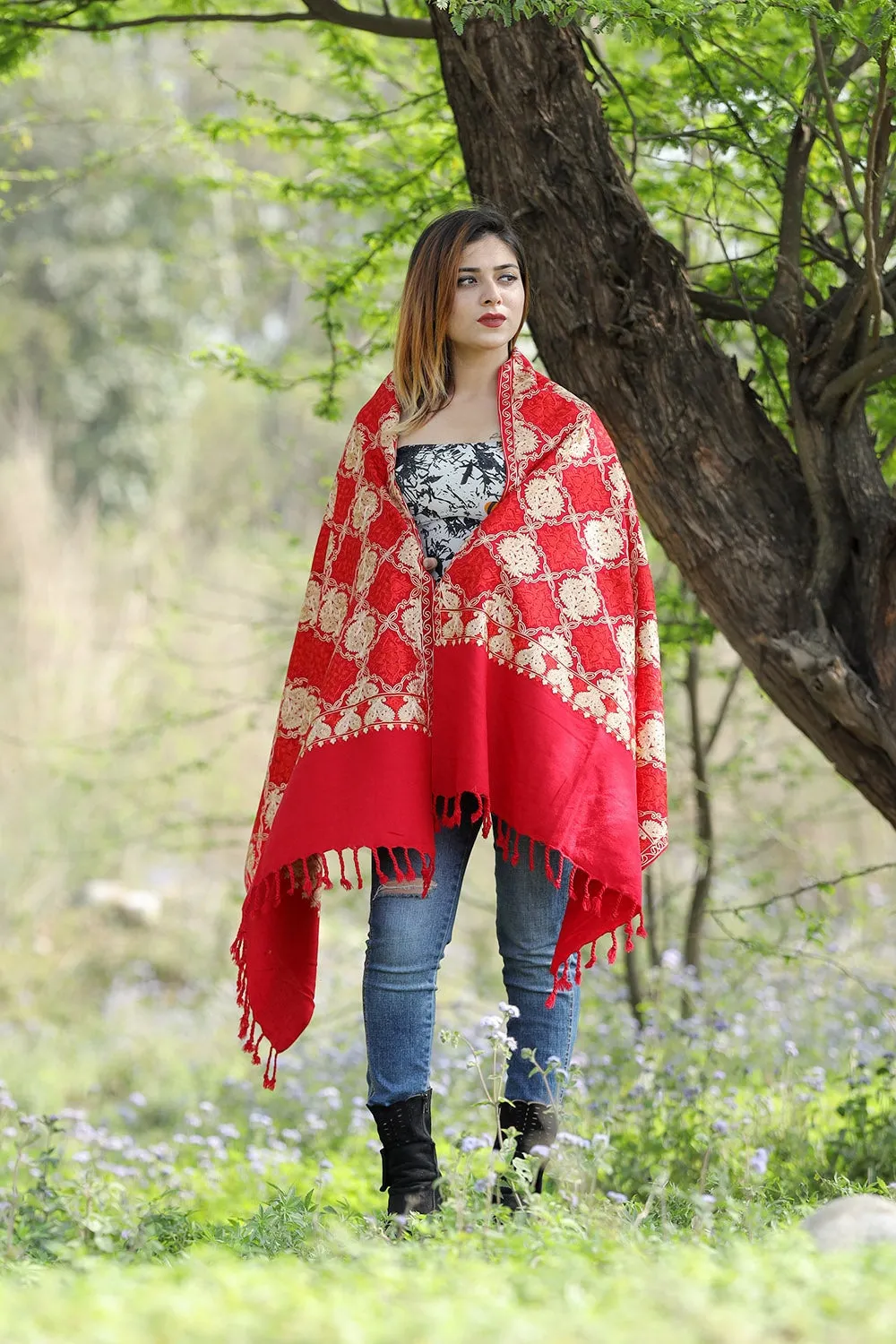 Amazing Red/Maroon Colour Stole With Graceful Dense Jaal Pattern Of Kashmiri Embroidery Makes It An Ideal Wear.
