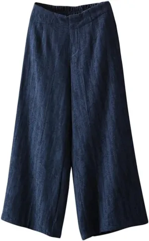 Andongnywell Womens Casual Loose Elastic Waist Cotton Trouser Cropped Wide Leg Pants Cotton Linen Pants