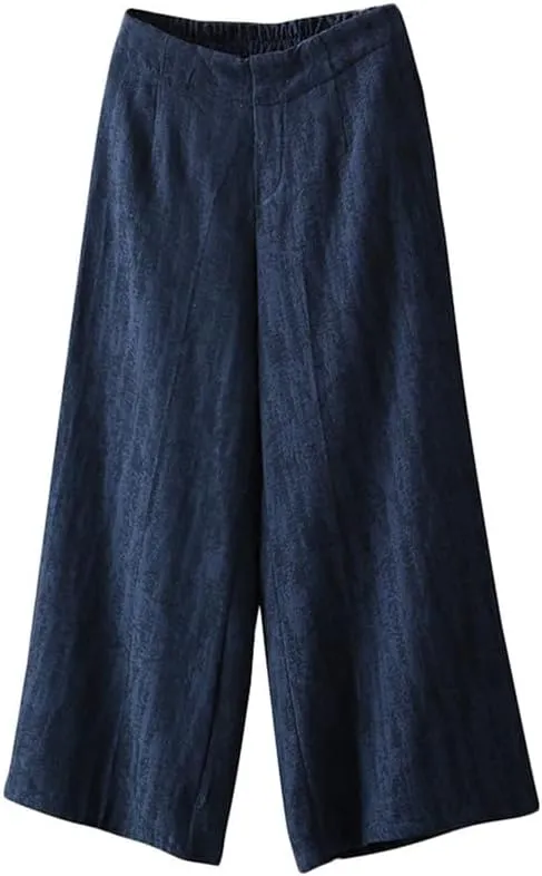 Andongnywell Womens Casual Loose Elastic Waist Cotton Trouser Cropped Wide Leg Pants Cotton Linen Pants