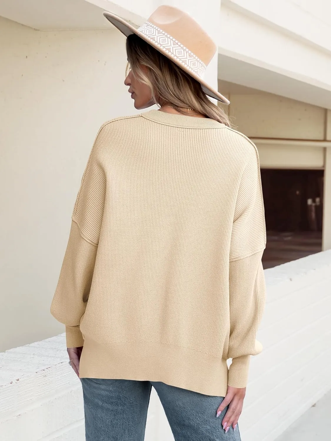 ANRABESS Women Crewneck Batwing Long Sleeve 2024 Fall Oversized Side Slit Ribbed Knit Pullover Sweaters Top Cozy Outfits