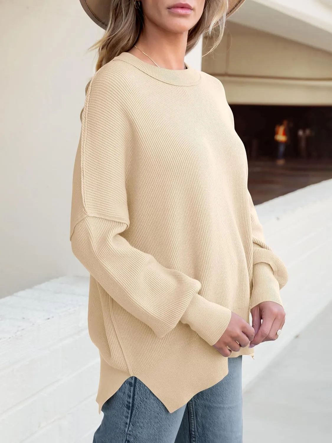 ANRABESS Women Crewneck Batwing Long Sleeve 2024 Fall Oversized Side Slit Ribbed Knit Pullover Sweaters Top Cozy Outfits