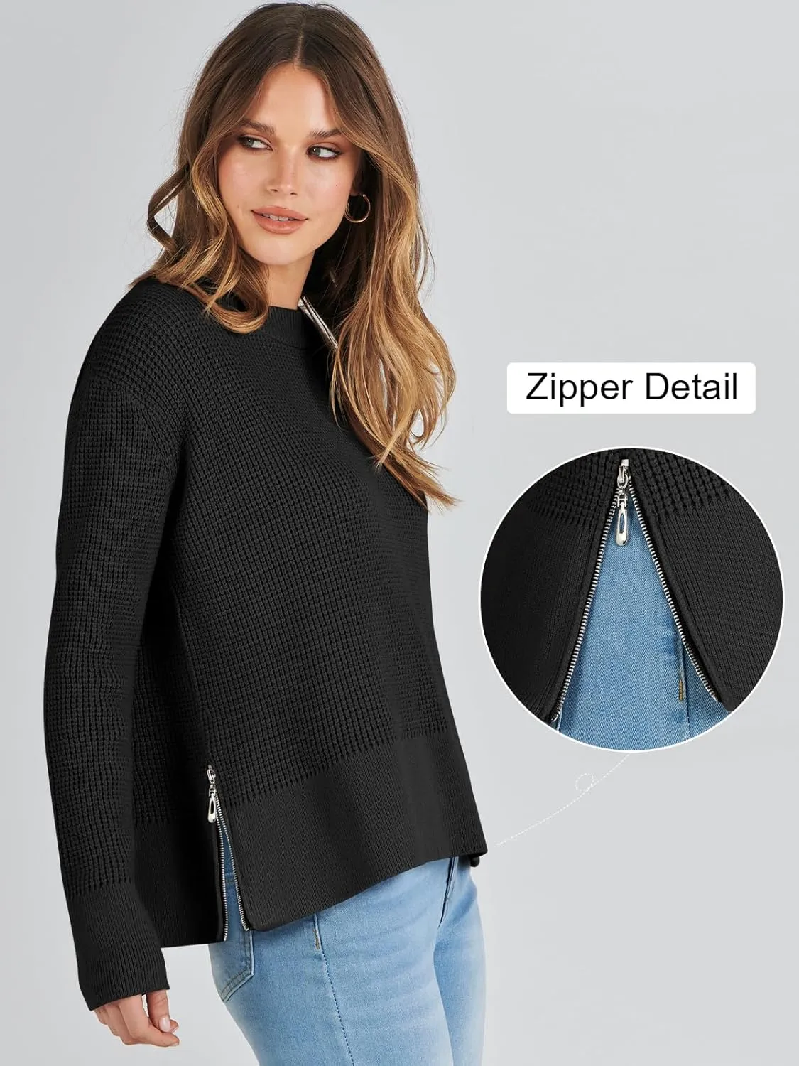 ANRABESS Womens Crewneck Long Sleeve Waffle Knit Casual Side Zipper Pullover Sweaters Top Thumbhole 2025 Fall Outfits
