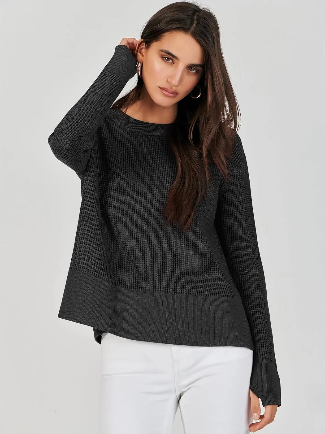 ANRABESS Womens Crewneck Long Sleeve Waffle Knit Casual Side Zipper Pullover Sweaters Top Thumbhole 2025 Fall Outfits