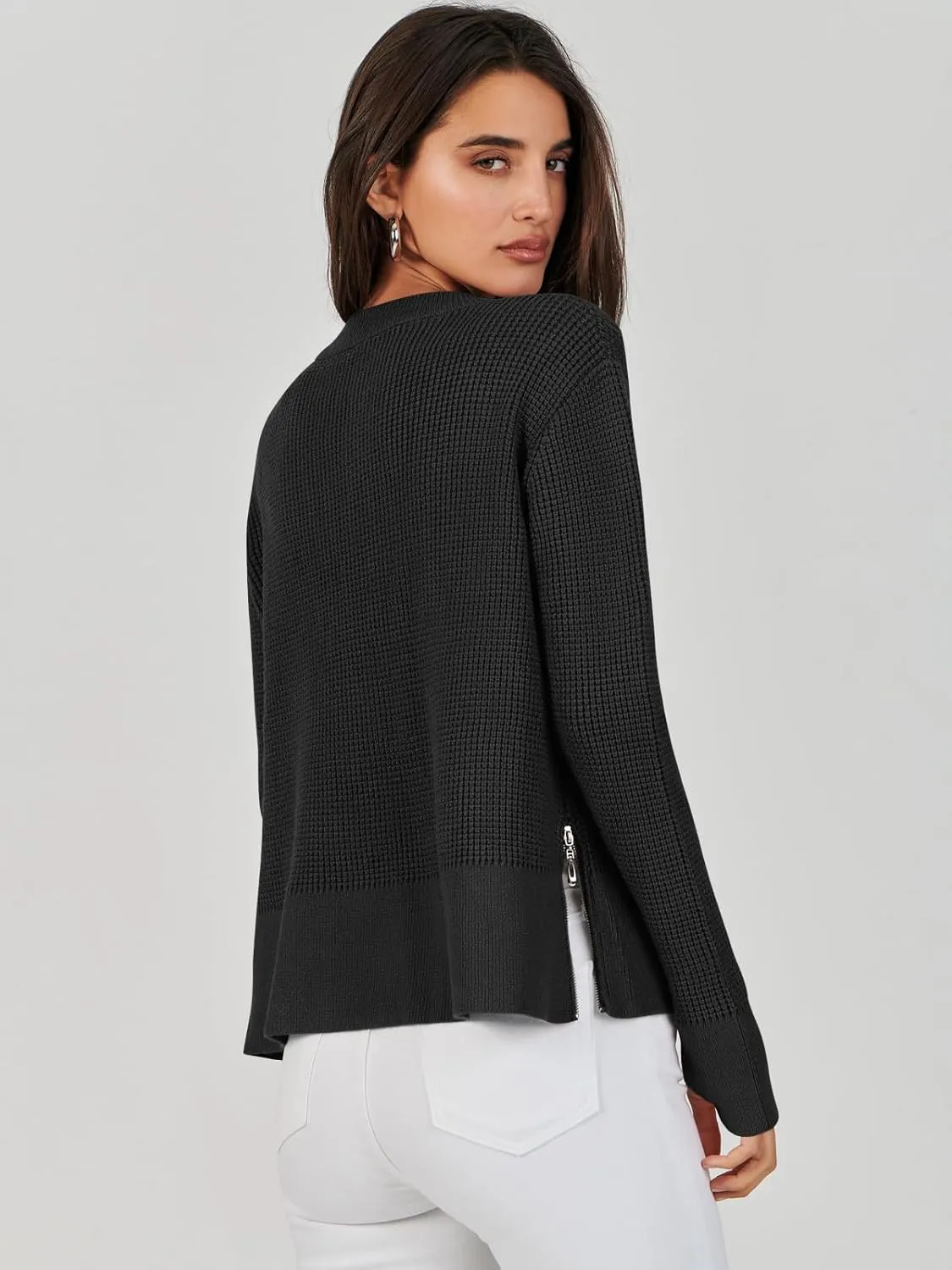 ANRABESS Womens Crewneck Long Sleeve Waffle Knit Casual Side Zipper Pullover Sweaters Top Thumbhole 2025 Fall Outfits
