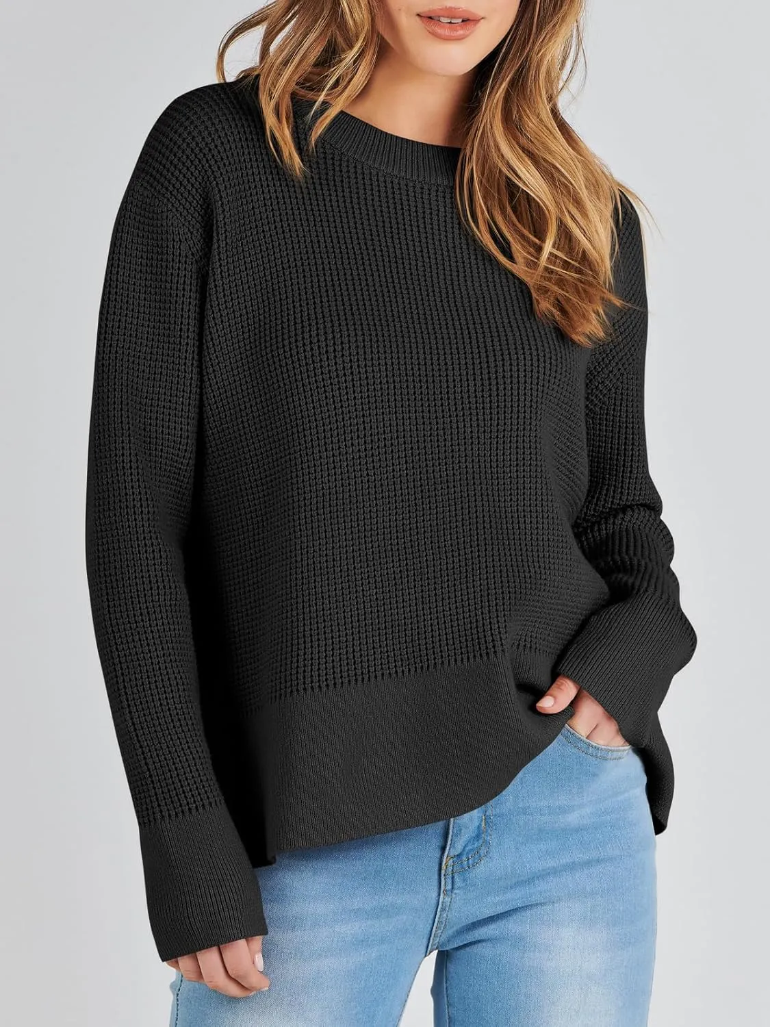 ANRABESS Womens Crewneck Long Sleeve Waffle Knit Casual Side Zipper Pullover Sweaters Top Thumbhole 2025 Fall Outfits
