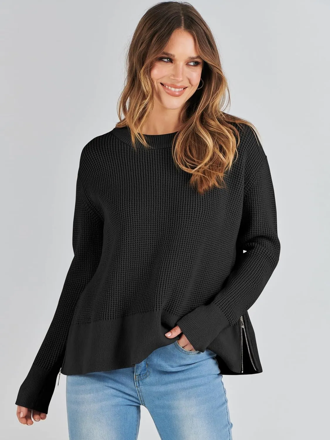 ANRABESS Womens Crewneck Long Sleeve Waffle Knit Casual Side Zipper Pullover Sweaters Top Thumbhole 2025 Fall Outfits