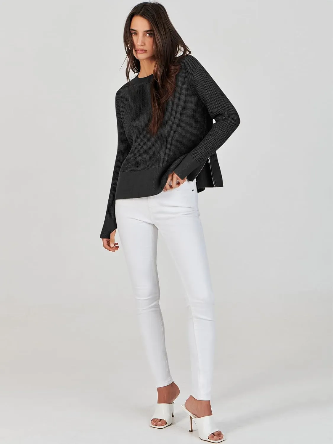 ANRABESS Womens Crewneck Long Sleeve Waffle Knit Casual Side Zipper Pullover Sweaters Top Thumbhole 2025 Fall Outfits