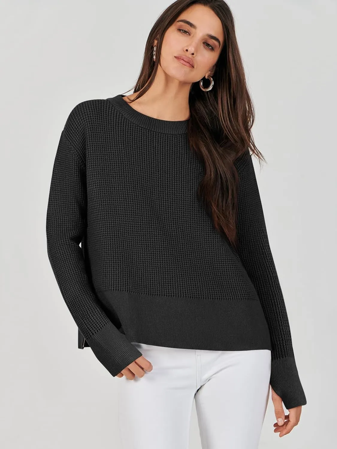 ANRABESS Womens Crewneck Long Sleeve Waffle Knit Casual Side Zipper Pullover Sweaters Top Thumbhole 2025 Fall Outfits